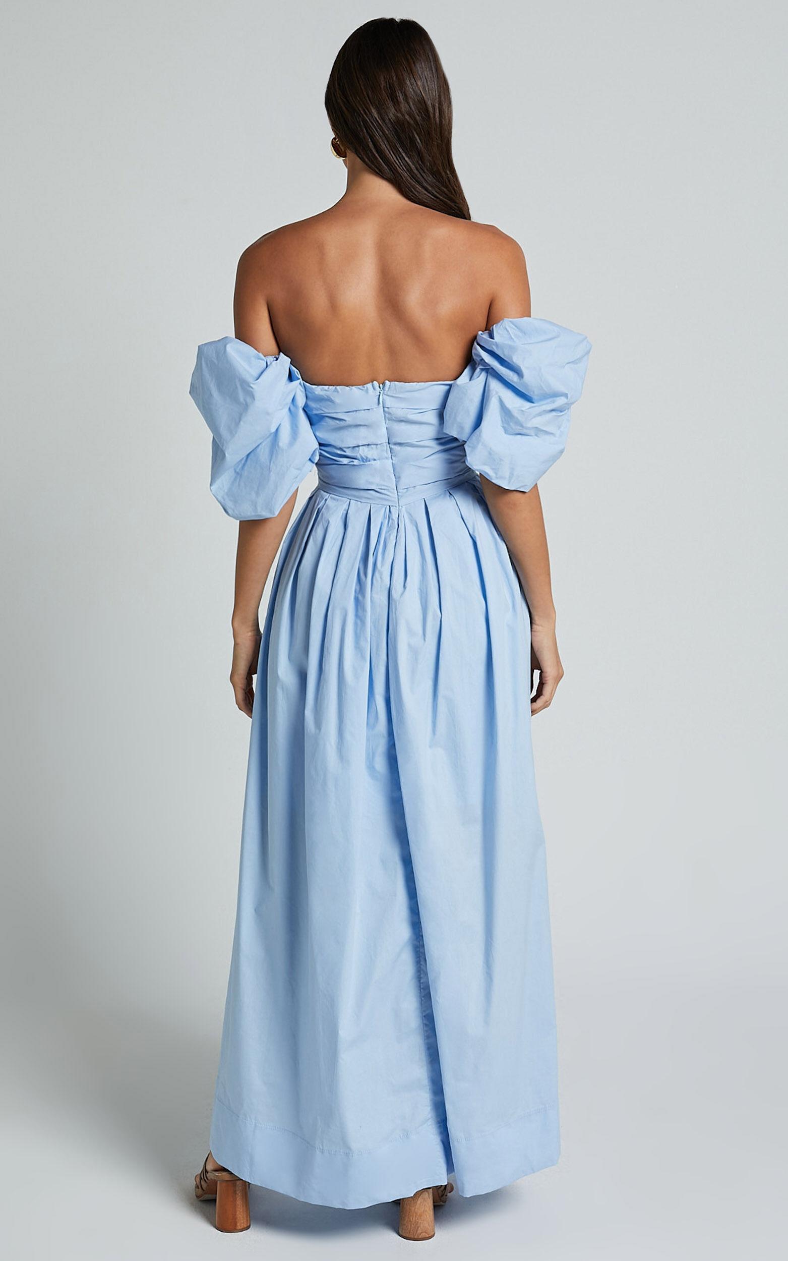 Annie Midi Dress - Off The Shoulder Ruffle Sleeve Pleated Dress in Pale Blue Product Image