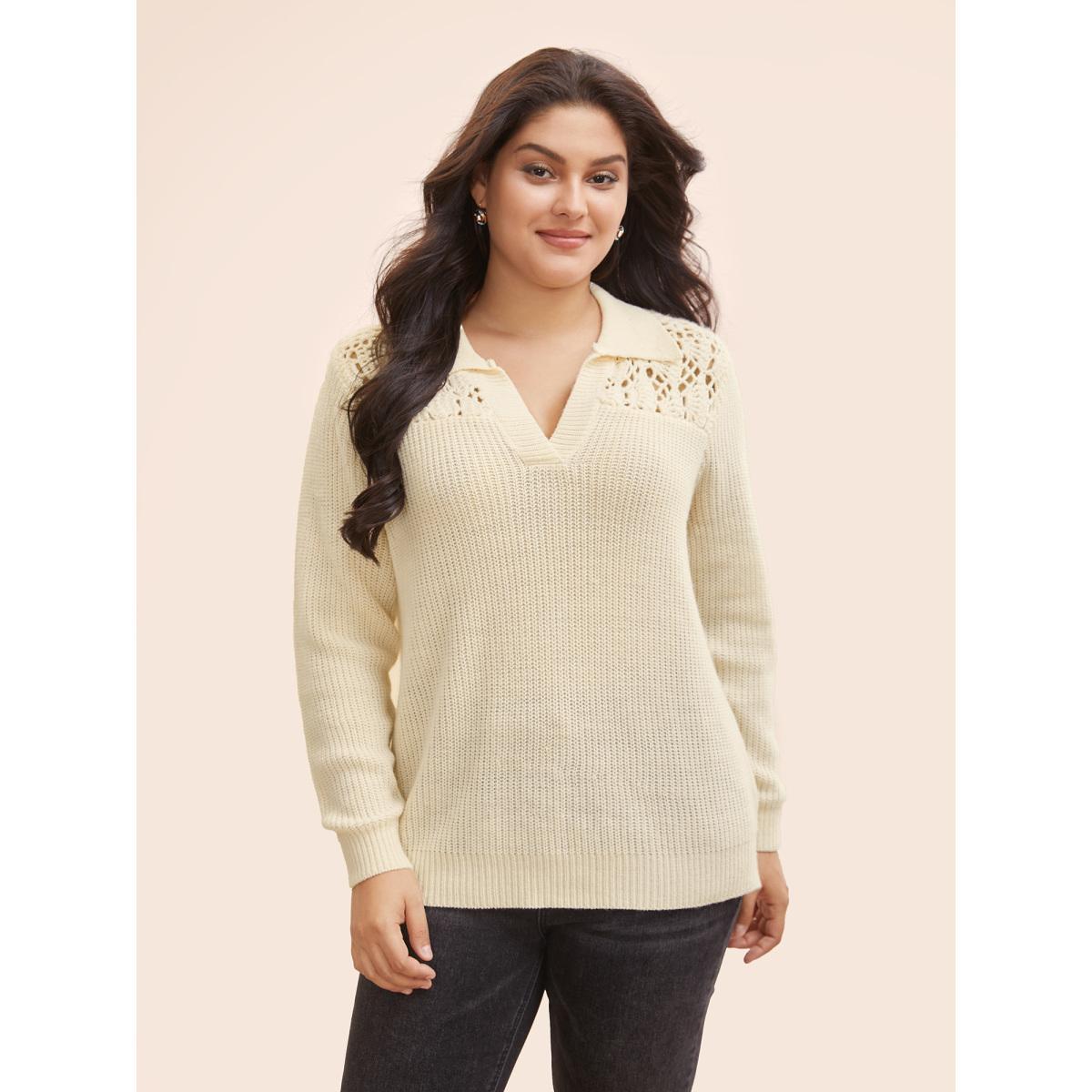 Plus Size Hand Crocheted Polo Collared Pullover Beige Women Casual Long Sleeve Polo Everyday Pullovers BloomChic 30/6X Product Image