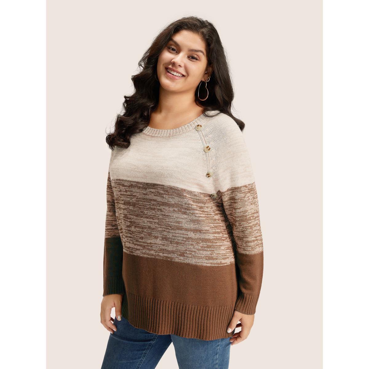 Plus Size Colorblock Contrast Heather Button Detail Pullover DarkBrown Women Casual Long Sleeve Round Neck Everyday Pullovers BloomChic 10/M Product Image