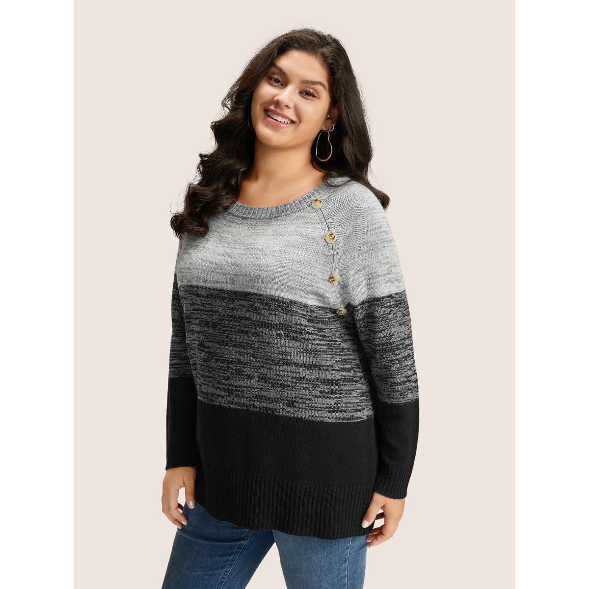 Plus Size Colorblock Contrast Heather Button Detail Pullover Black Women Casual Long Sleeve Round Neck Everyday Pullovers BloomChic 22-24/3X Product Image