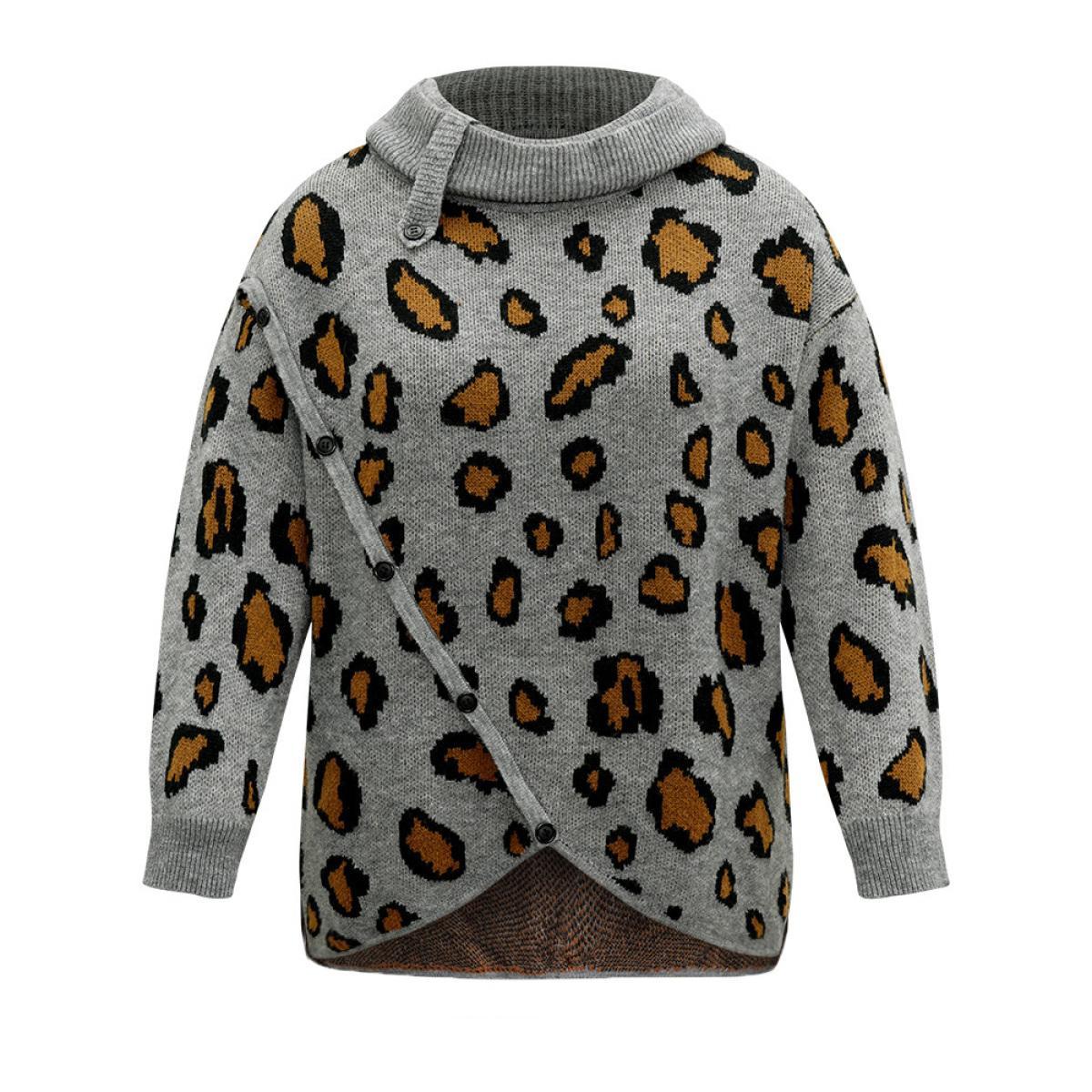 Plus Size Anti-Pilling Leopard PrintLapel Collar Button Detail Pullover Gray Women Casual Loose Long Sleeve Lapel Collar Dailywear Pullovers BloomChic 28/5X Product Image
