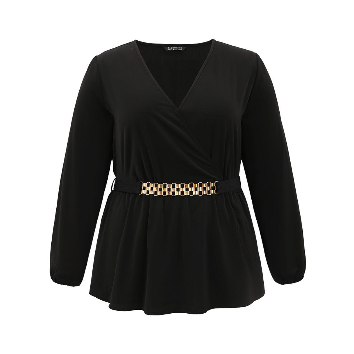 Plus Size Black Solid Wrap Flutters Style Accents Belted Blouse Women Office Long Sleeve V-neck Work Blouses BloomChic 18-20/2X Product Image