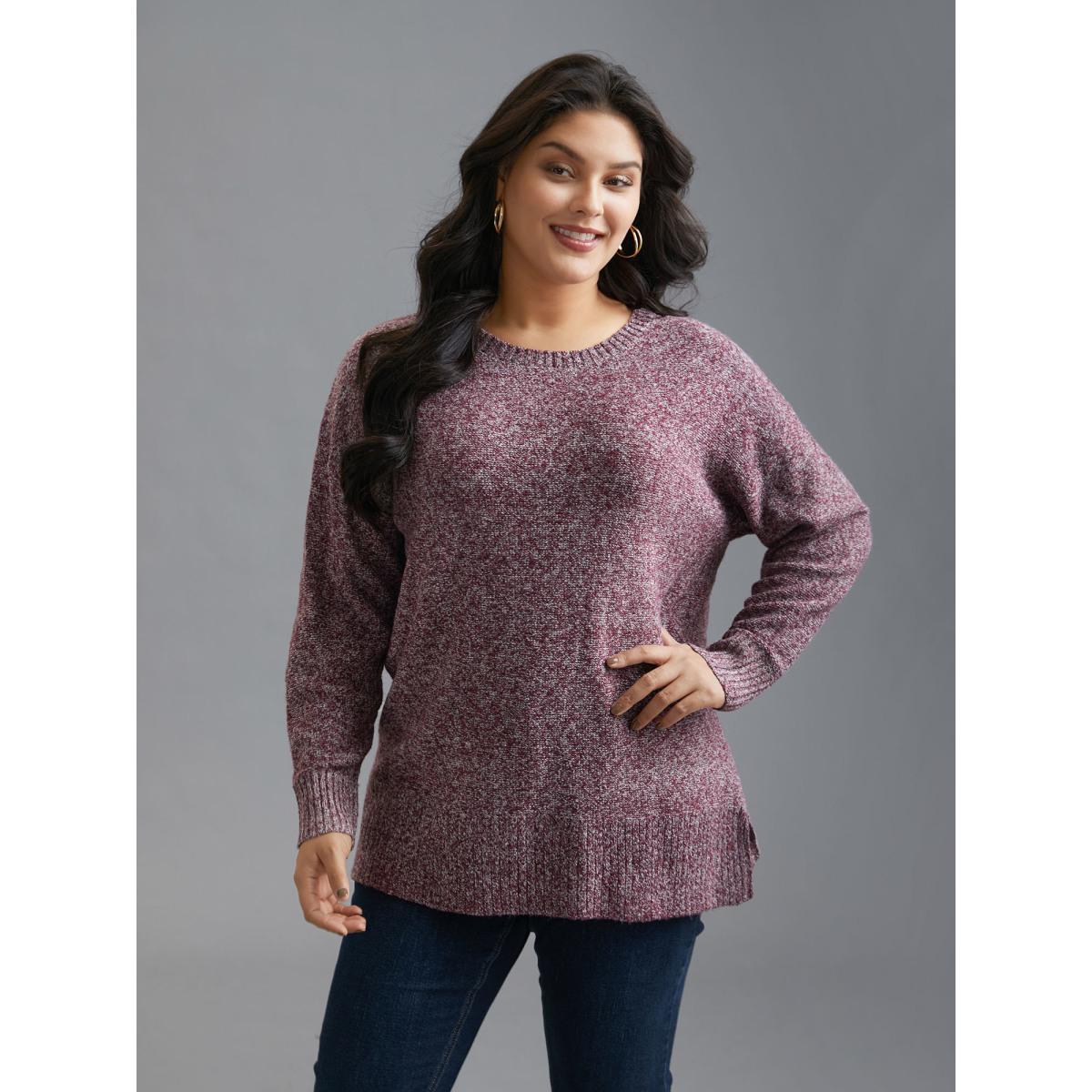 Plus Size Texture Bowknot Cut Out Slit Hem Pullover Plum Women Casual Loose Long Sleeve Round Neck Everyday Pullovers BloomChic 22-24/3X Product Image