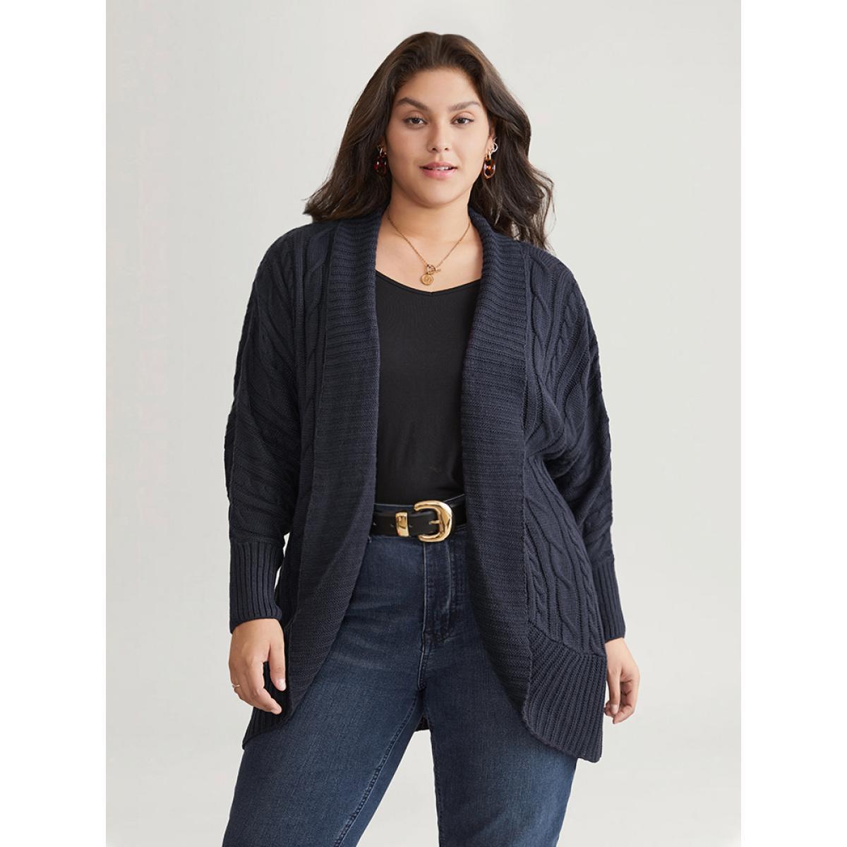 Plus Size Solid Cable Knit Texture Arc Hem Dolman Sleeve Cardigan Midnight Women Casual Loose Long Sleeve Dailywear Cardigans BloomChic 26/4X Product Image