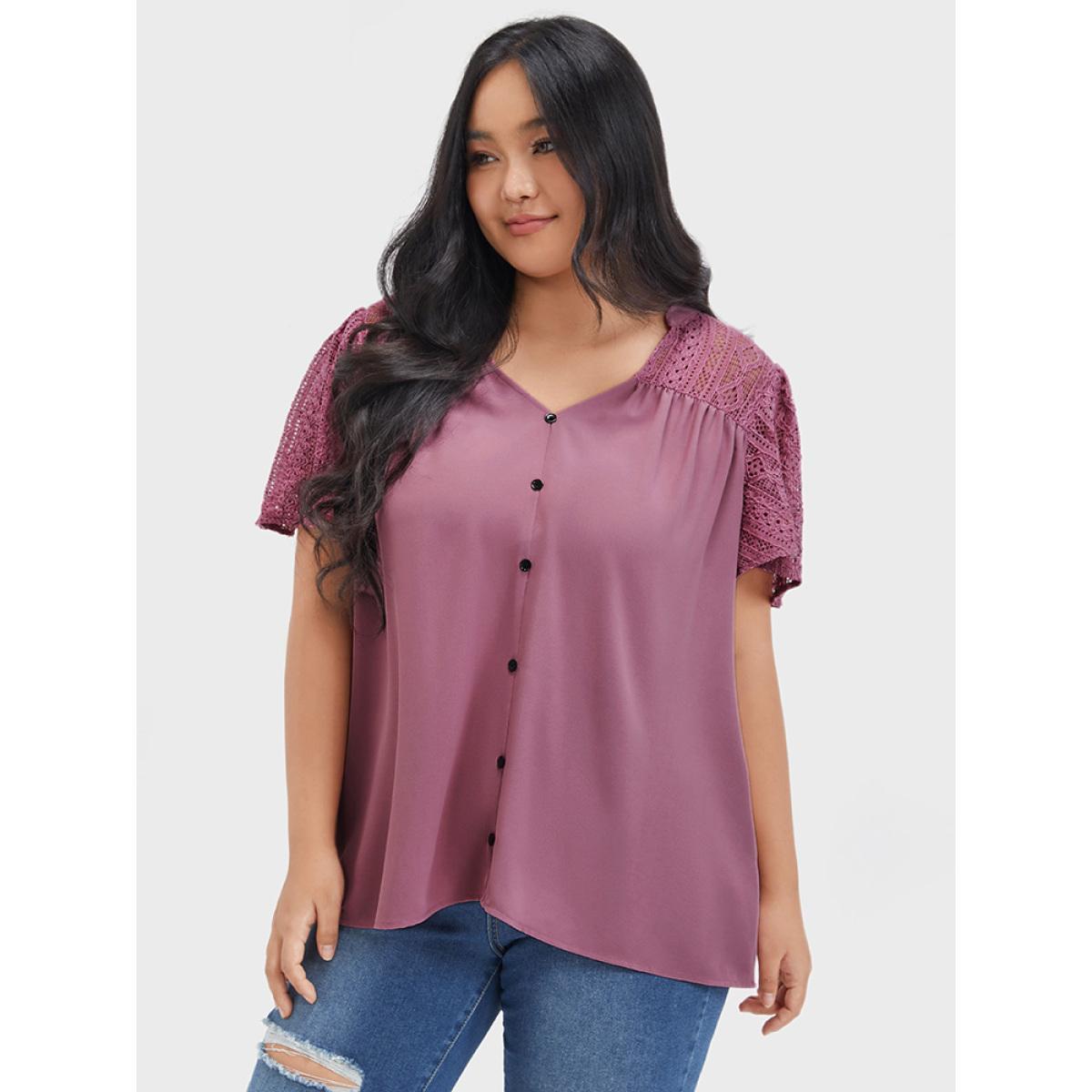 Plus Size DustyPink Plain Contrast Lace Ruffles Button V Neck Blouse Women Casual Short sleeve V-neck Dailywear Blouses BloomChic 18-20/2X Product Image