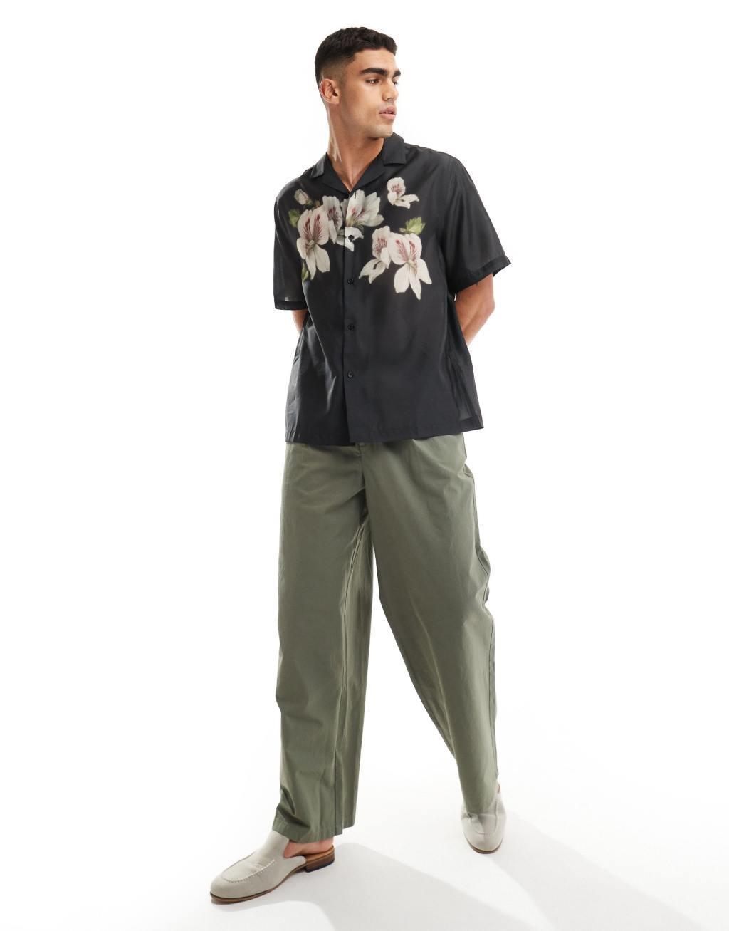 ASOS DESIGN relaxed revere shirt with blurred floral print in black  Product Image