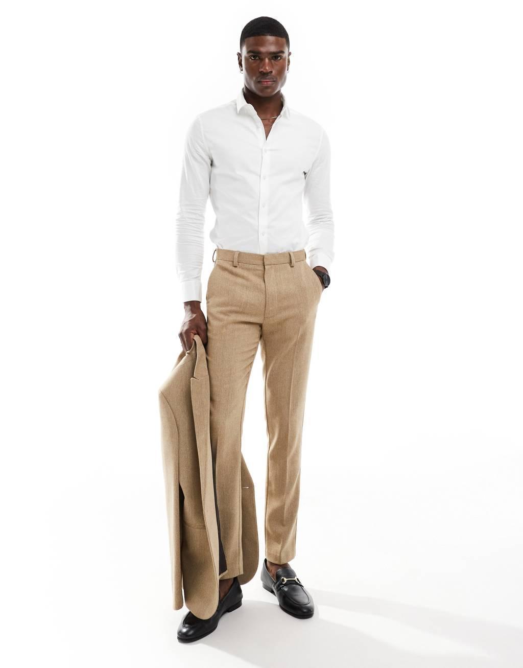 ASOS DESIGN skinny wool mix suit pants in caramel basketweave texture Product Image