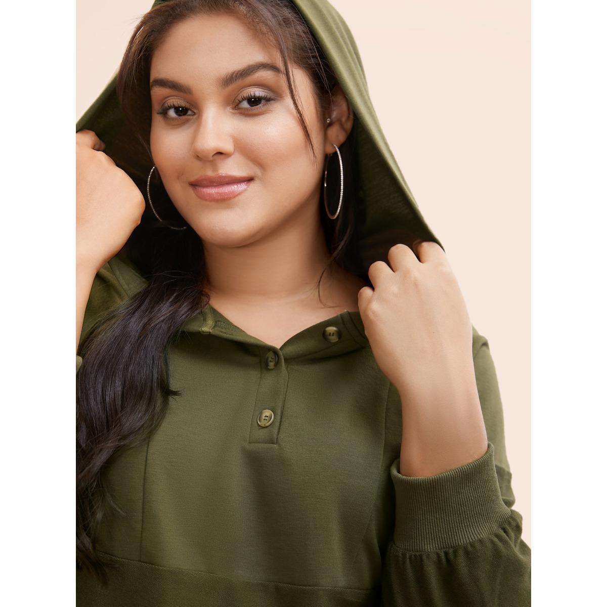 Plus Size Solid Button Up Raglan Sleeve Hooded Sweatshirt Women ArmyGreen Casual Patchwork Hooded Everyday Sweatshirts BloomChic 30/6X Product Image