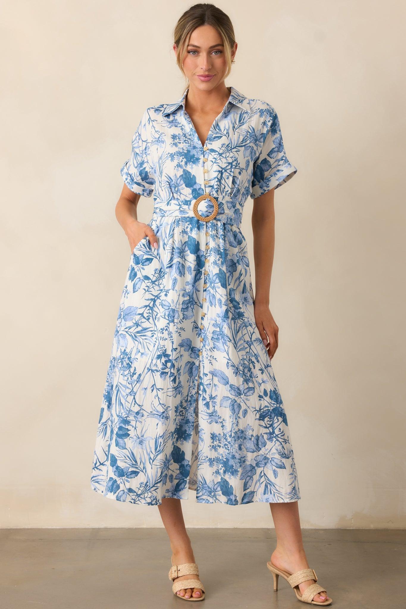 Springtime Splendor White & Blue Floral Belted Midi Dress Product Image