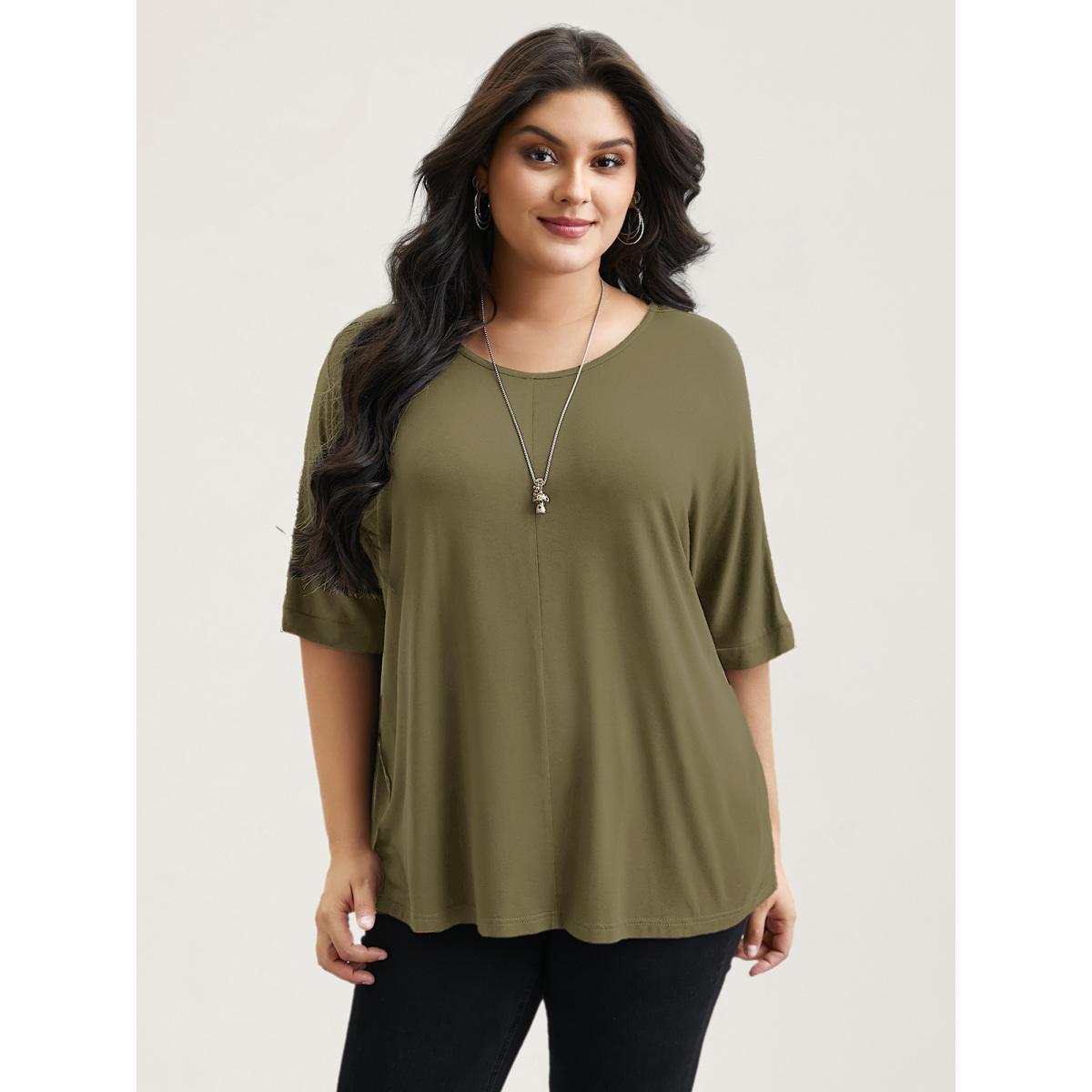 Plus Size Supersoft Round Neck Plain T-Shirt ArmyGreen Women Casual Non Round Neck Everyday T-shirts BloomChic 28/5X Product Image