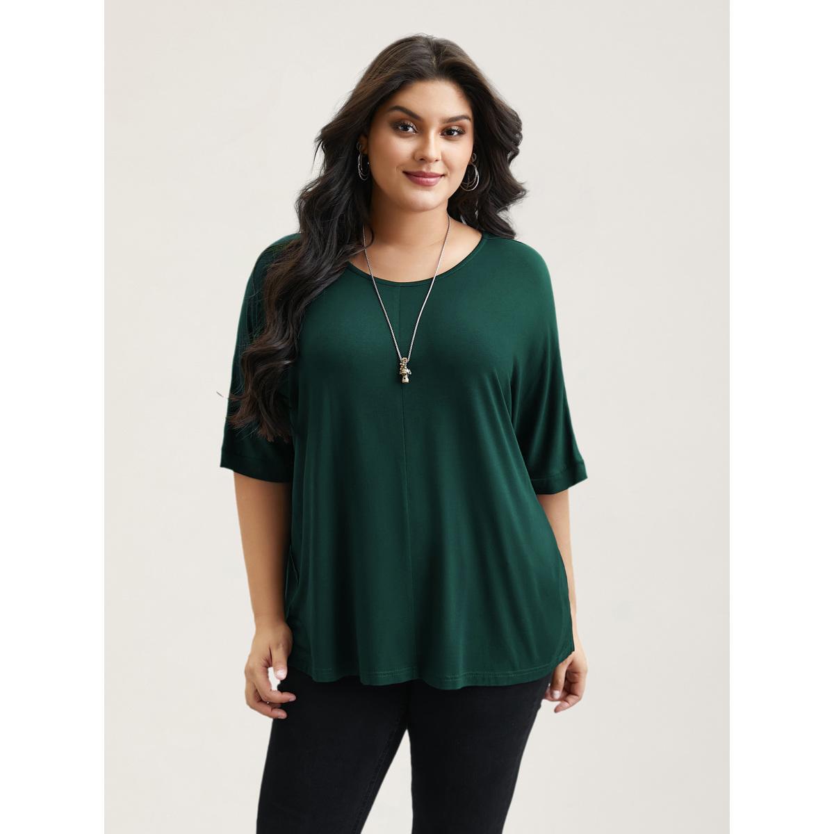 Plus Size Supersoft Round Neck Plain T-Shirt DarkGreen Women Casual Non Round Neck Everyday T-shirts BloomChic 30/6X Product Image
