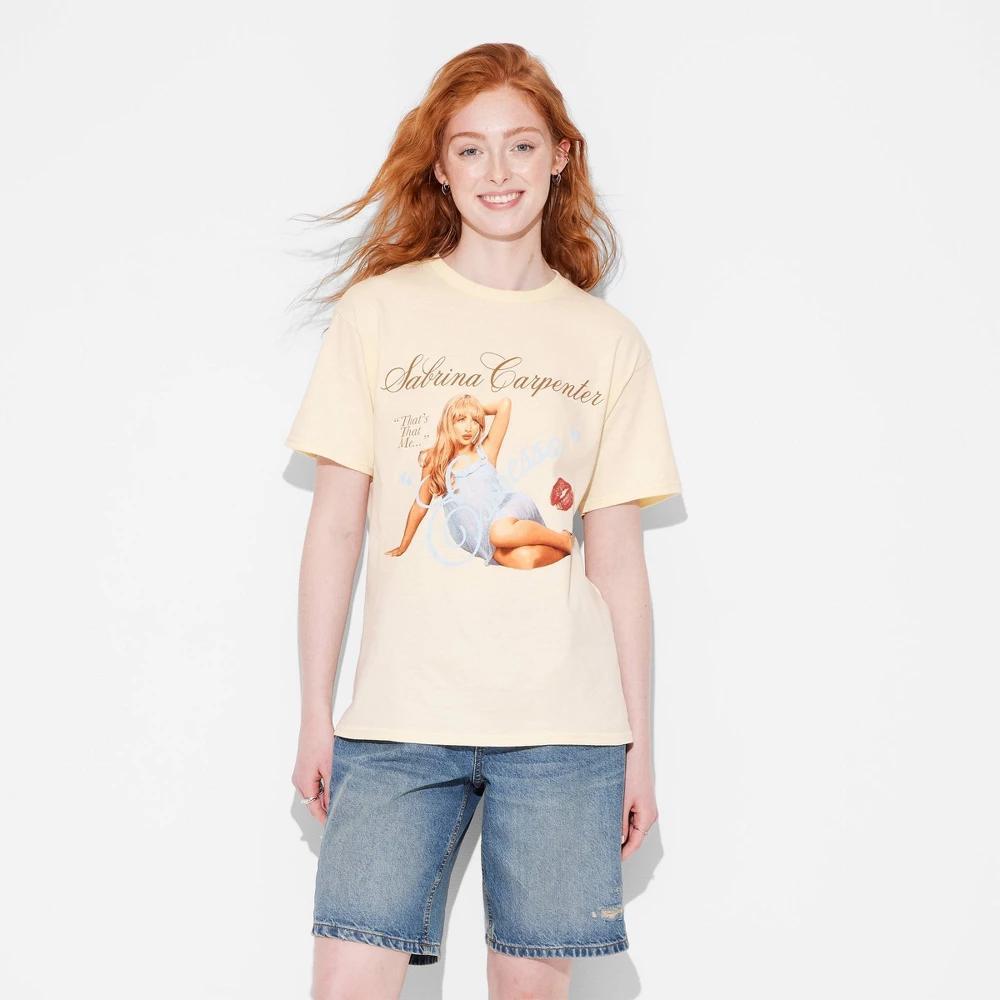 Women's Sabrina Short Sleeve Graphic T-Shirt - Light Yellow XL: Merch Traffic, 100% Cotton, Crew Neck, Knit Fabric, Machine Washable Product Image