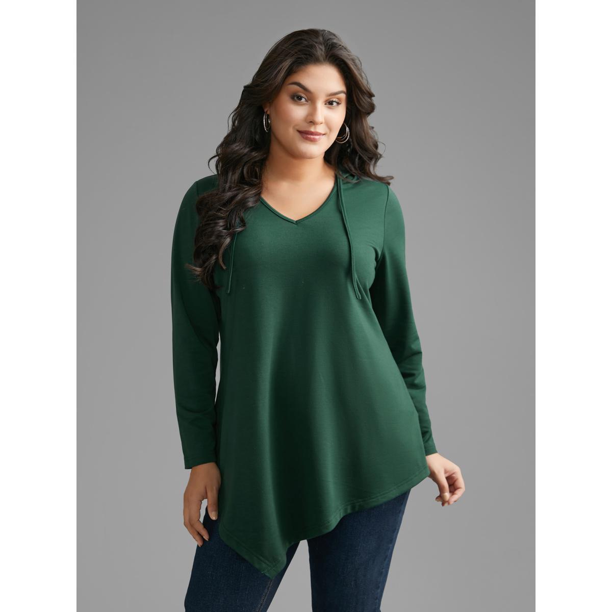 Plus Size Hooded Drawstring Asymmetrical Hem Sweatshirt Women DarkGreen Casual Drawstring Loose Hooded Everyday Sweatshirts BloomChic 28/5X Product Image