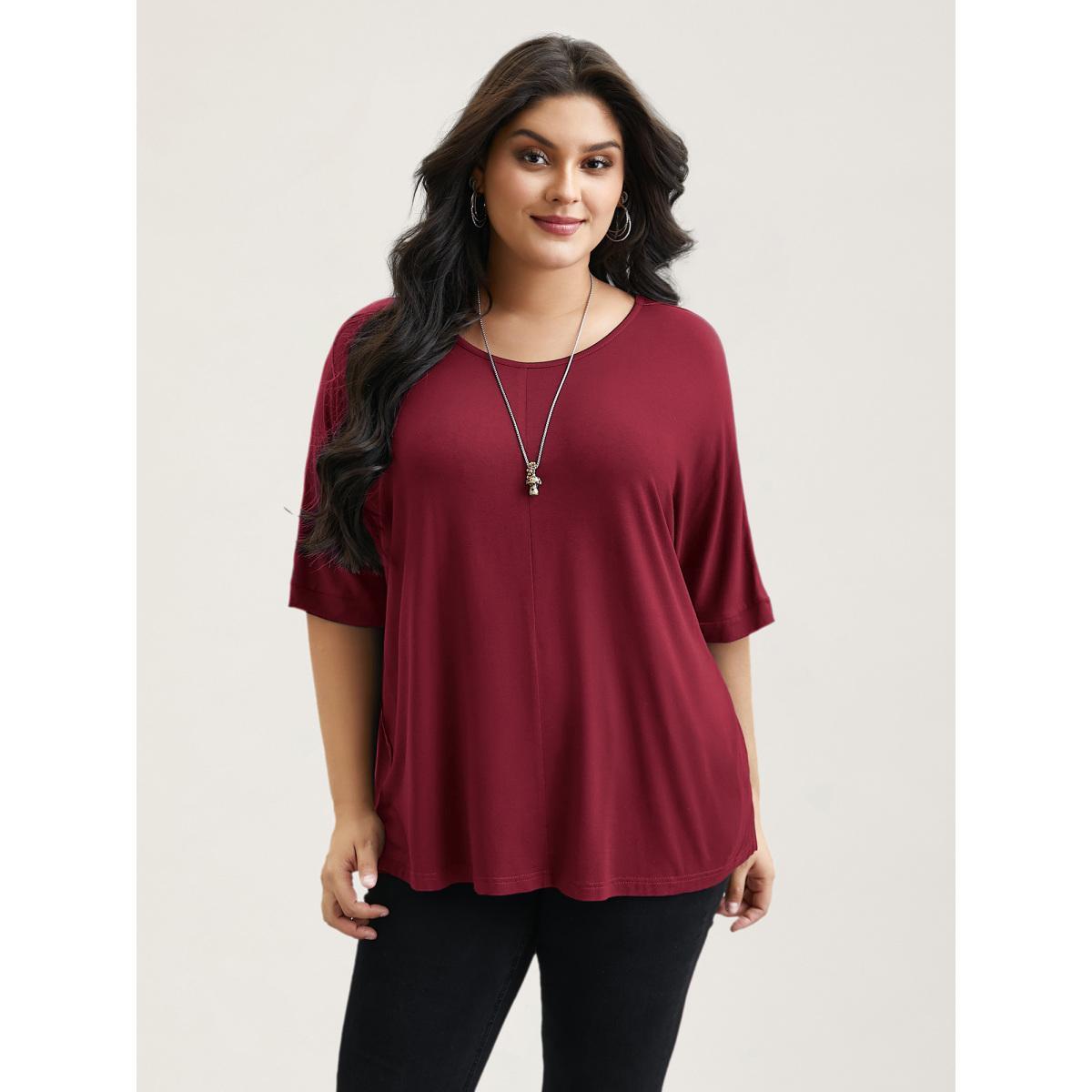Plus Size Supersoft Round Neck Plain T-Shirt Scarlet Women Casual Non Round Neck Everyday T-shirts BloomChic 28/5X Product Image