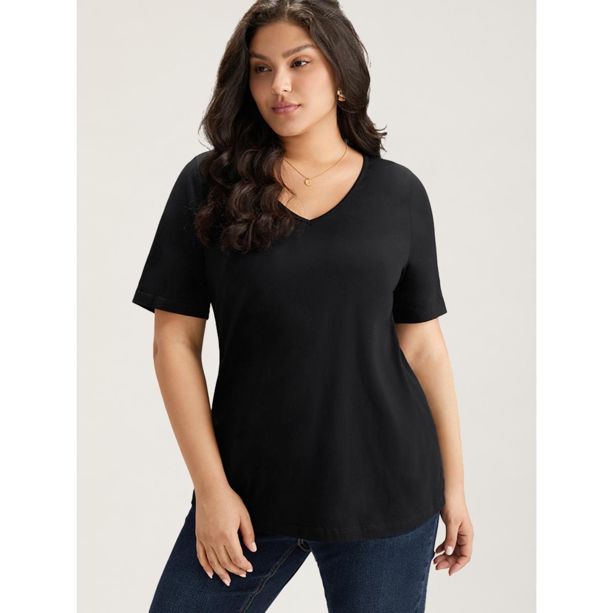 Plus Size Cotton V Neck Plain Basic T-shirt Black Women Basics Non Plain V-neck Everyday T-shirts BloomChic 12/L Product Image