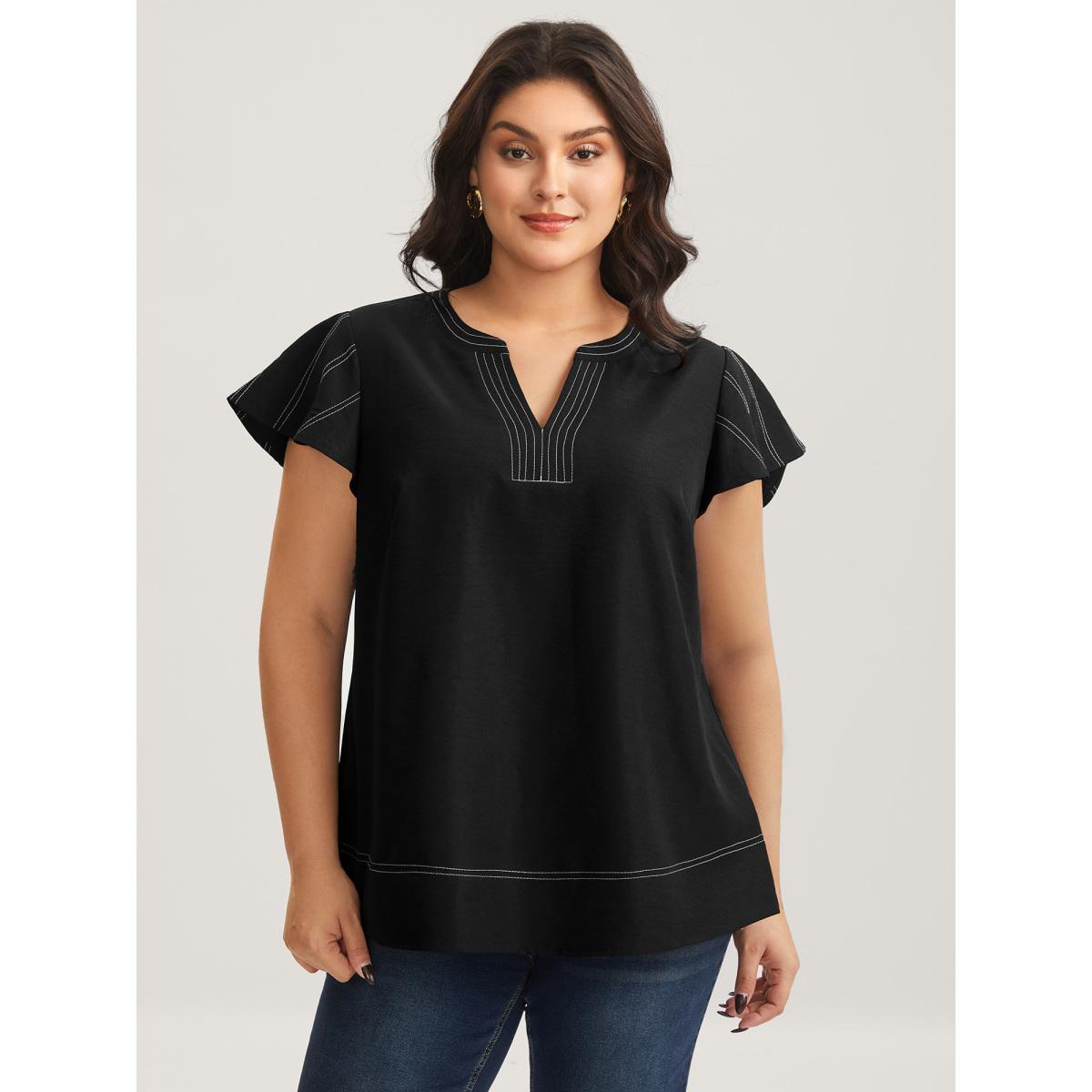 Plus Size Black Color Block Stripe Flutter Sleeve Blouse Women Cap Sleeve Notched collar Work Blouses BloomChic 12/L Product Image