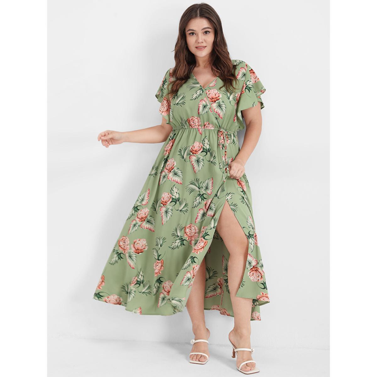Plus Size Floral Ruffles Raglan Sleeve Ties Wrap Midi Dress LightGreen Women Elegant Printed V-neck Short sleeve Curvy Midi Dress BloomChic 10/M Product Image