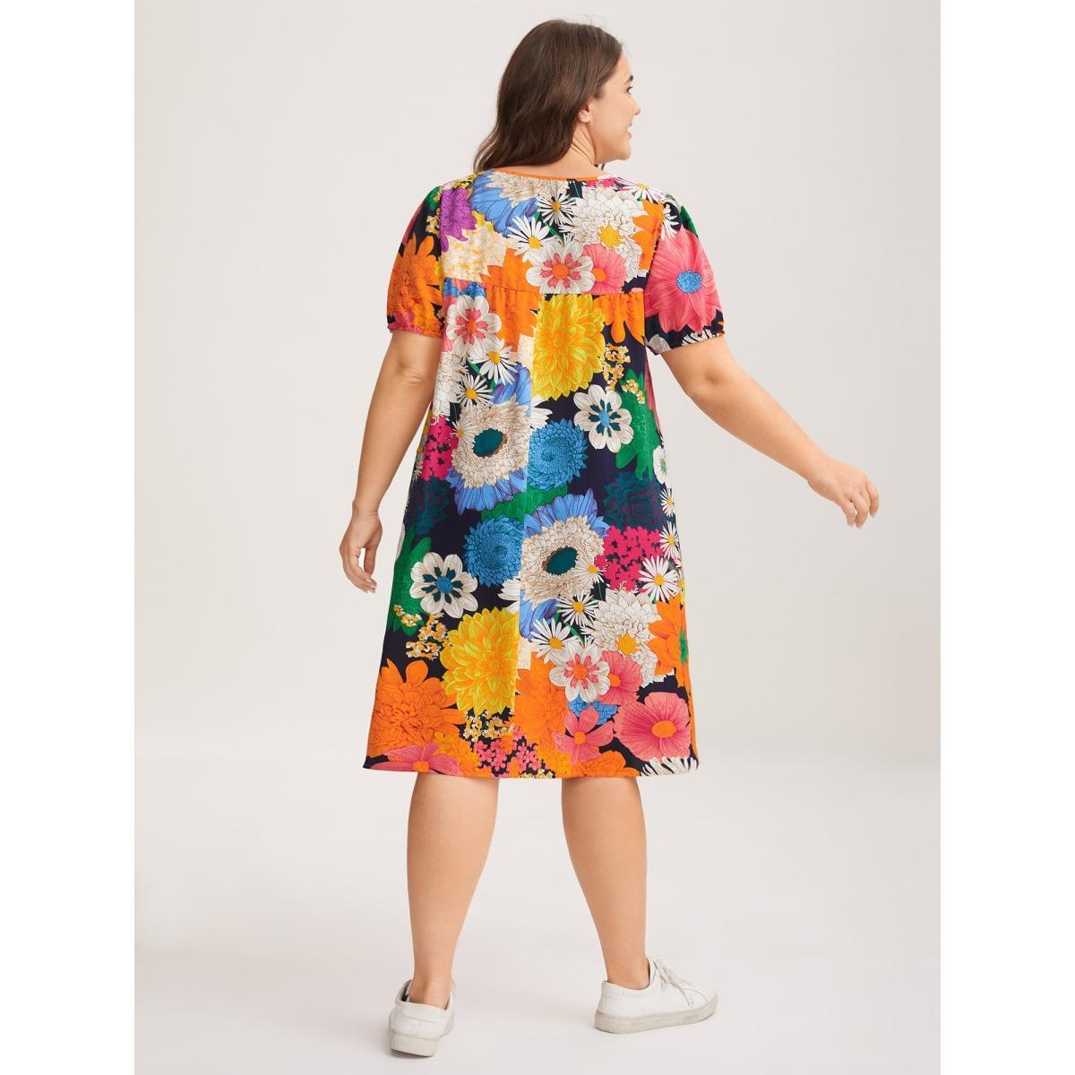 Plus Size Large Floral Print Neck Tie Midi Dress DarkBlue Women Notched collar Short sleeve Curvy BloomChic 12/L Product Image