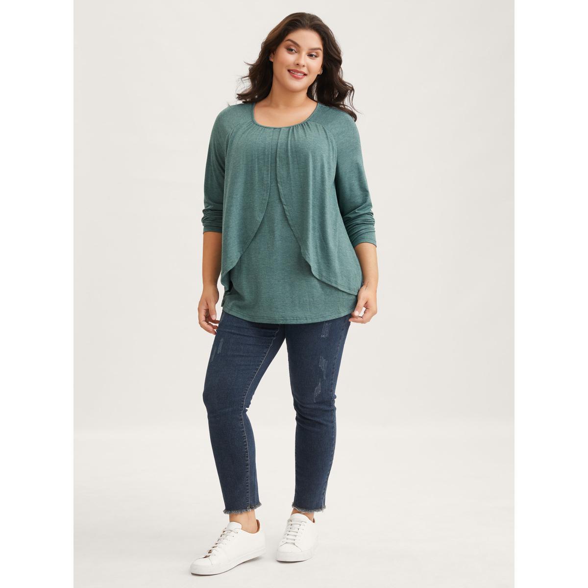 Plus Size 2-In-1 Gathered Ruffle Trim T-Shirt Teal Women Elegant Gathered Round Neck Everyday T-shirts BloomChic 10/M Product Image