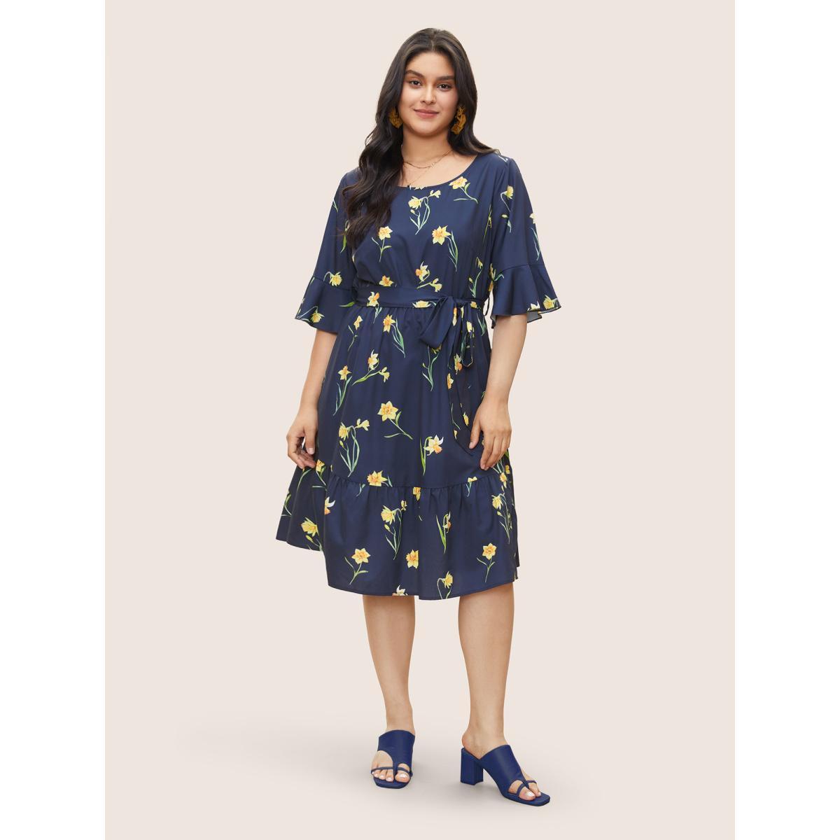 Plus Size Floral Print Belted Gathered Bell Sleeve Dress DarkBlue Women Elegant Non Round Neck Elbow-length sleeve Curvy Midi Dress BloomChic 28/5X Product Image