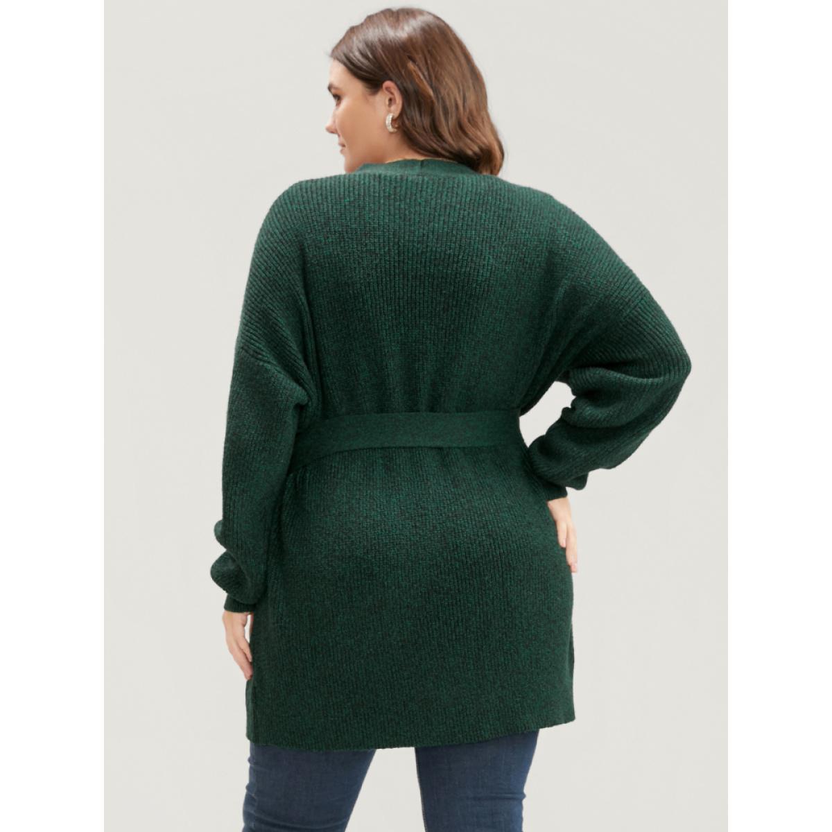 Plus Size Soft Pointelle Knit Pocket Belted Open Front Cardigan Cyan Women Casual Loose Long Sleeve Dailywear Cardigans BloomChic 10/M Product Image