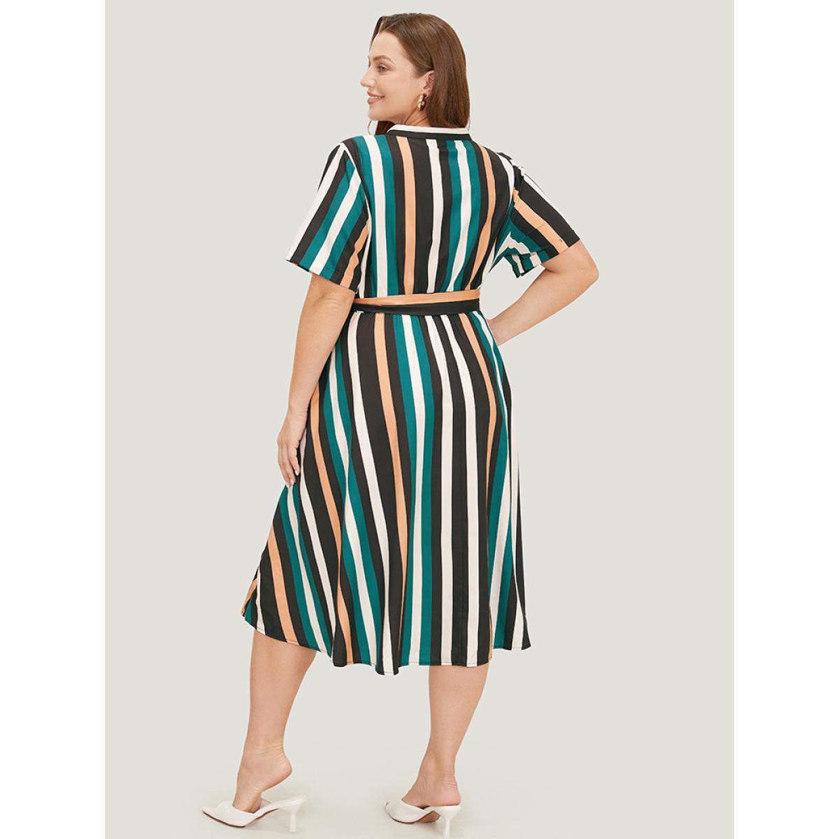 Plus Size Striped Contrast Button Detail Belt Pocket Notched Dress Multicolor Women Office Belted Notched collar Short sleeve Curvy Midi Dress BloomChic 18-20/2X Product Image