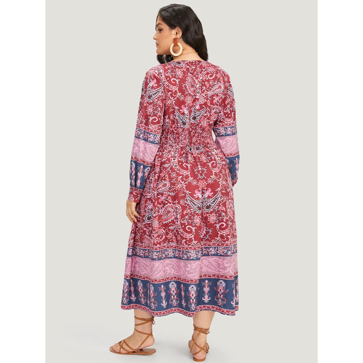 Plus Size Bandana Print Pocket Shirred Bowknot Dress Scarlet Women Vacation Cross straps V-neck Long Sleeve Curvy Midi Dress BloomChic 18-20/2X Product Image