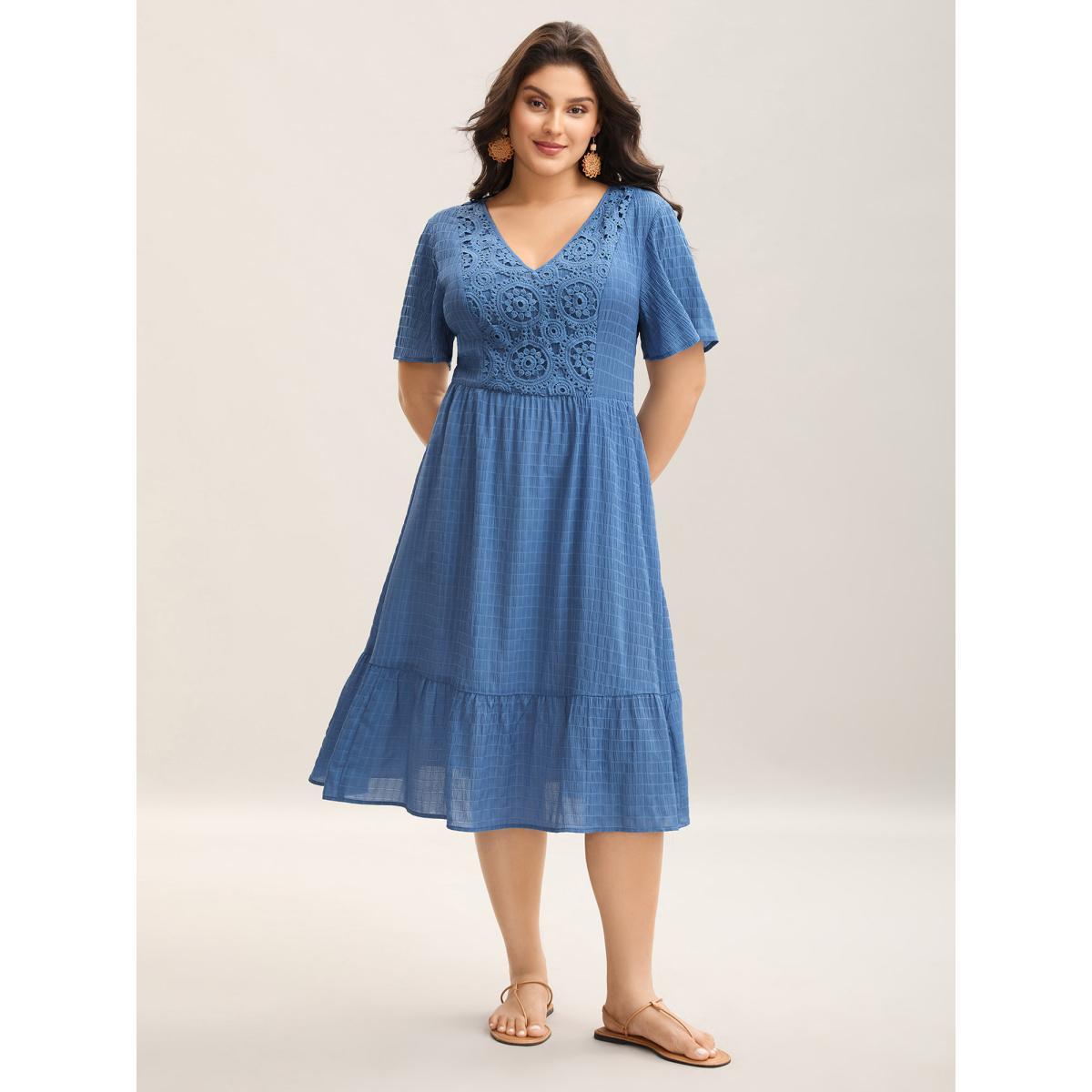 Plus Size Lace Textured Pockets Tiered Midi Dress Mediumblue Women V-neck Short sleeve Curvy BloomChic 12/L Product Image