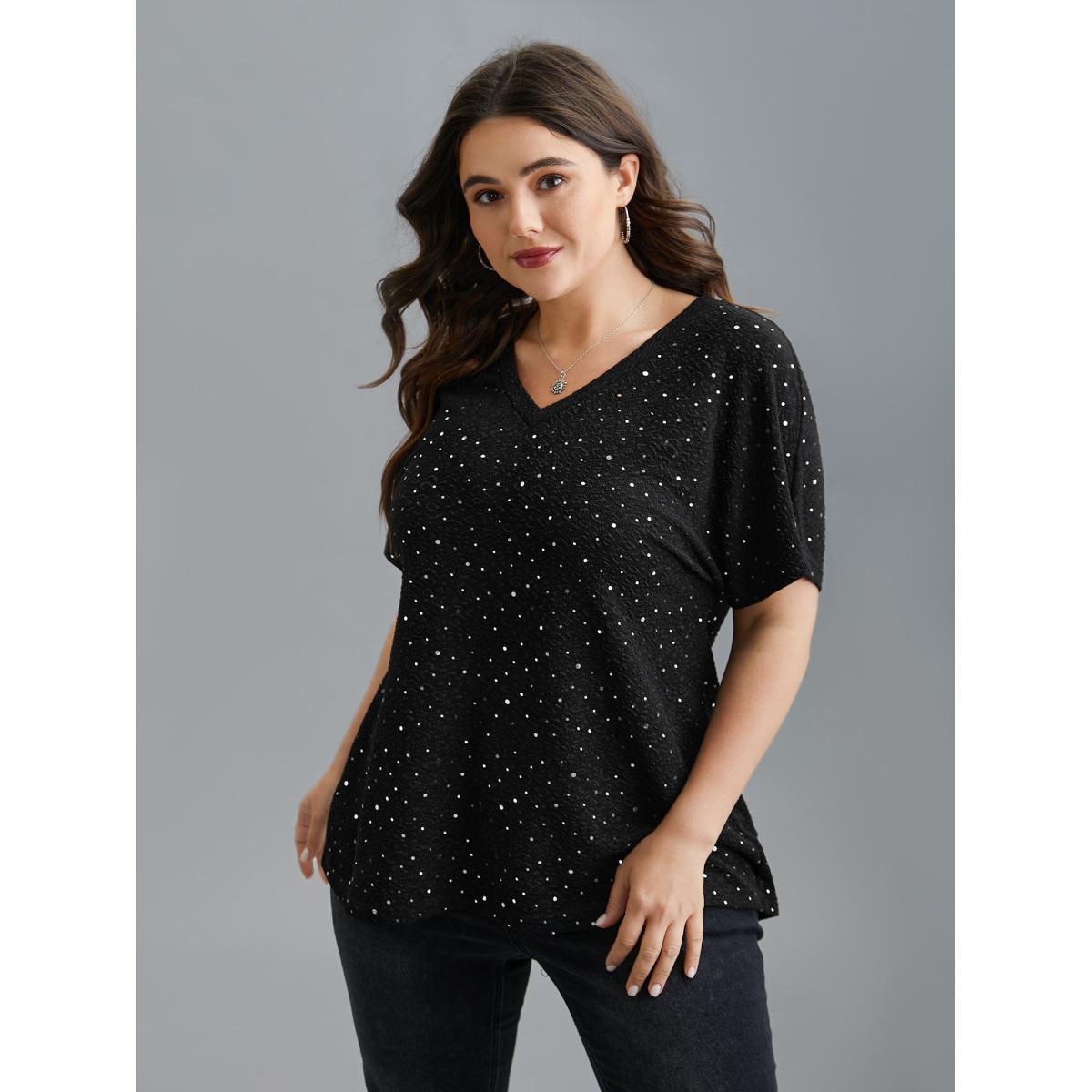 Plus Size V-Neck Sequin Textured T-Shirt Black Women Casual Rhinestone detailing V-neck Everyday T-shirts BloomChic 30/6X Product Image