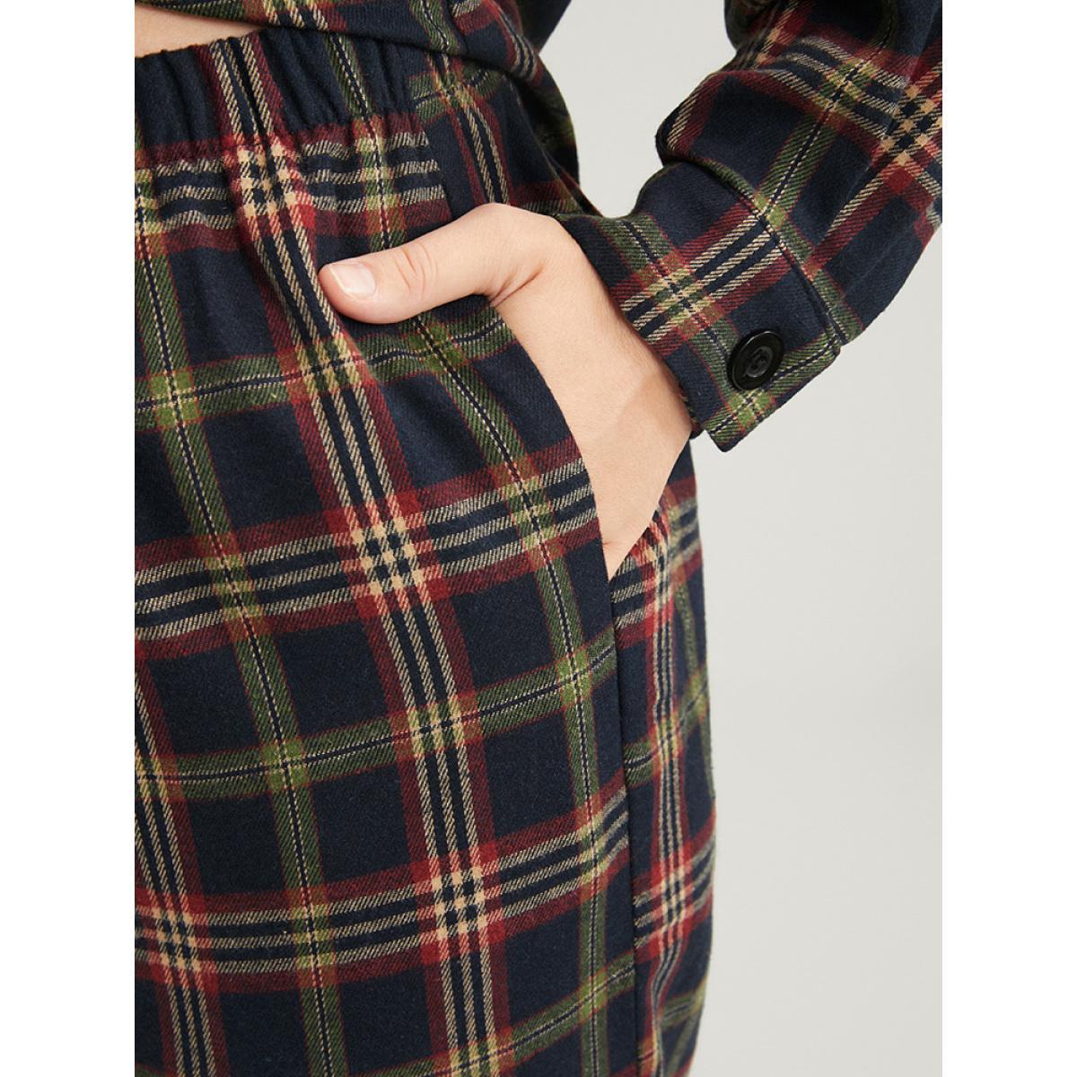 Plus Size Plaid Pocket Button Through Pajama Set Women DarkBlue Plaid Button Long Sleeve Shirt collar Casual Loungewear Sets BloomChic 12/L Product Image