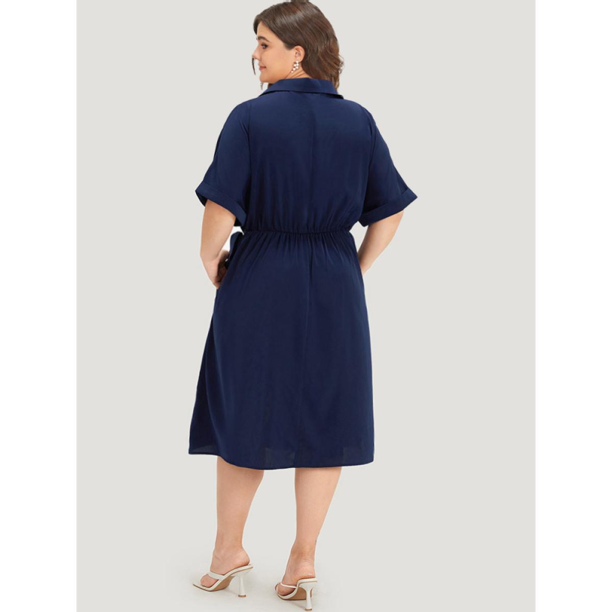 Plus Size Shirt Collar Split Hem Wrap Pocket Knot Gathered Dress DarkBlue Women Elegant Wrap Shirt collar Half Sleeve Curvy Midi Dress BloomChic 28/5X Product Image