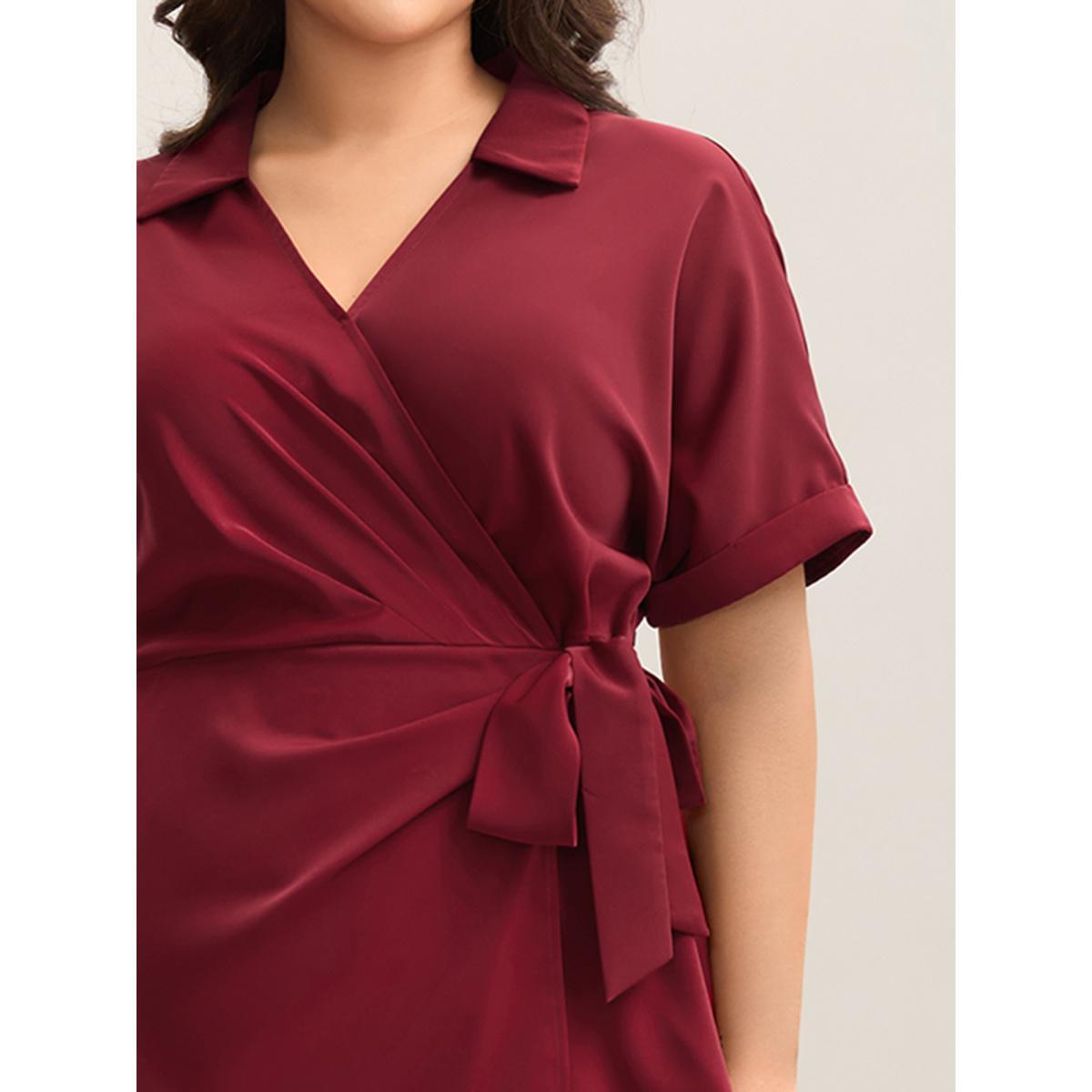 Plus Size Burgundy Side Knotted Collar Plain Shirt Women At the Office Short sleeve V-neck Work Blouses BloomChic 18-20/2X Product Image