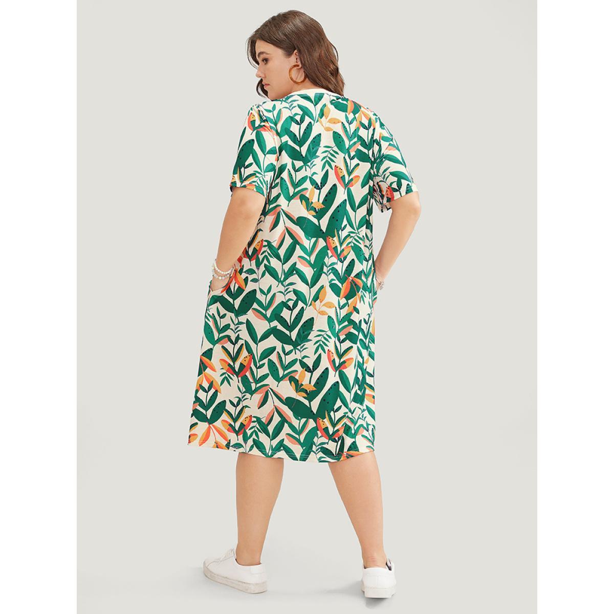 Plus Size Plant Print Pocket V Neck Ruffle Midi Dress Green Women Casual Pocket V-neck Short sleeve Curvy Midi Dress BloomChic 14-16/1X Product Image