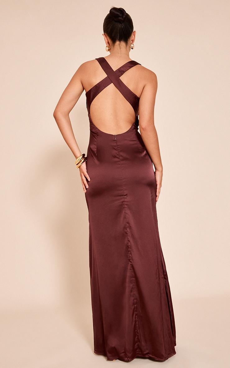 Chocolate Satin Cross Back Midaxi Dress Product Image