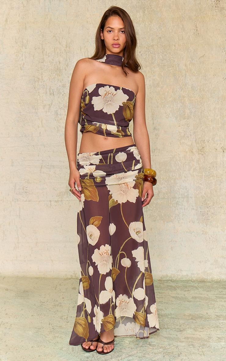 Dark Chocolate Floral Printed Chiffon Ruched Maxi Skirt Product Image