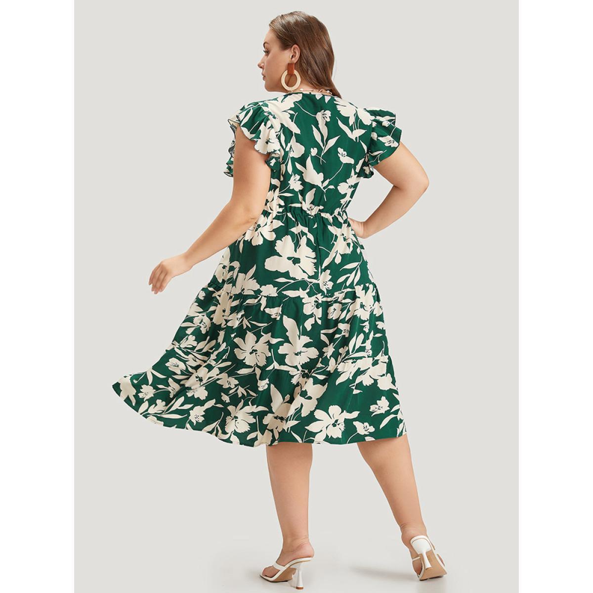 Plus Size Floral Ruffles Cap Sleeve Pocket Button Wrap Dress Green Women Elegant Gathered V-neck Sleeveless Curvy Midi Dress BloomChic 26/4X Product Image