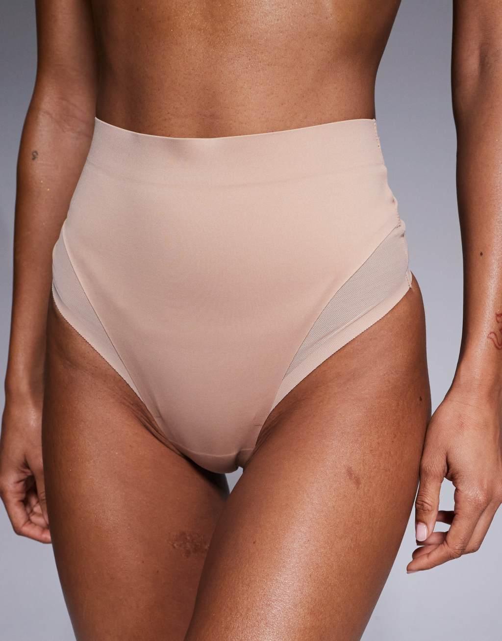 ASOS DESIGN Contouring medium control high waist thong with mesh in beige Product Image