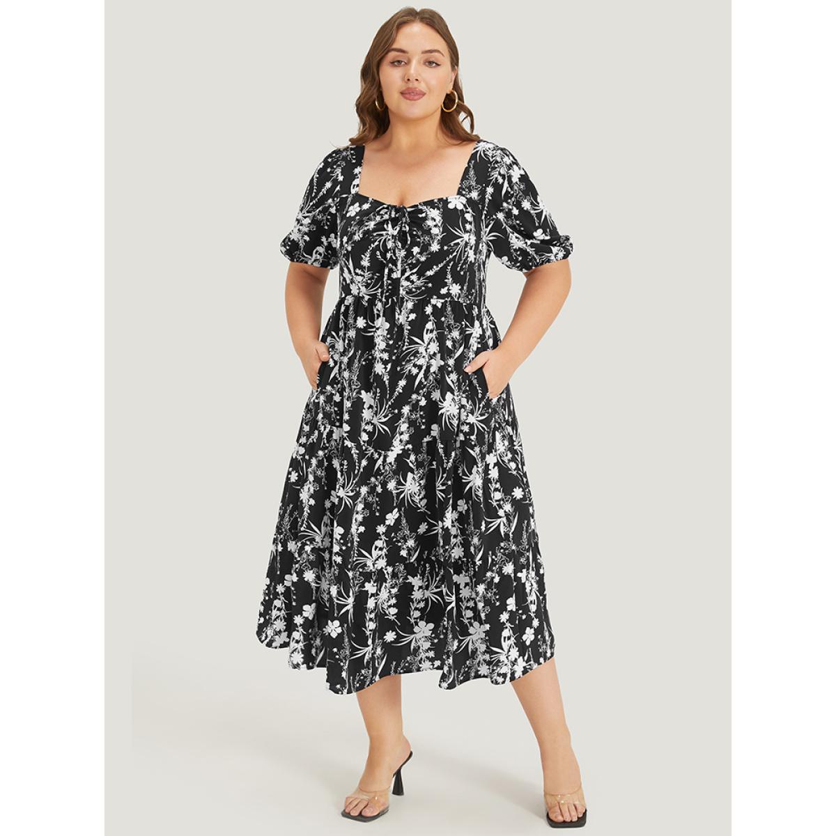 Plus Size Floral Puff Sleeve Pocket Ruched Drawstring Ruffle Dress BlackFlower Women Elegant Lined Square Neck Short sleeve Curvy Midi Dress BloomChic 12/L Product Image
