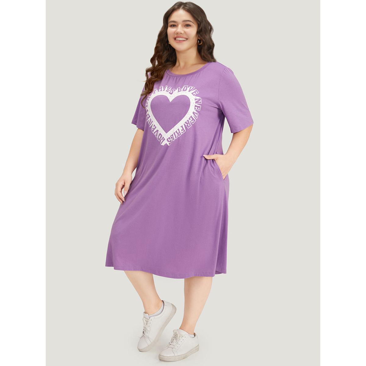 Plus Size Supersoft Essentials Heart Print Pocket Crew Neck Dress Lilac Women Casual Printed Curvy Midi Dress BloomChic 28/5X Product Image
