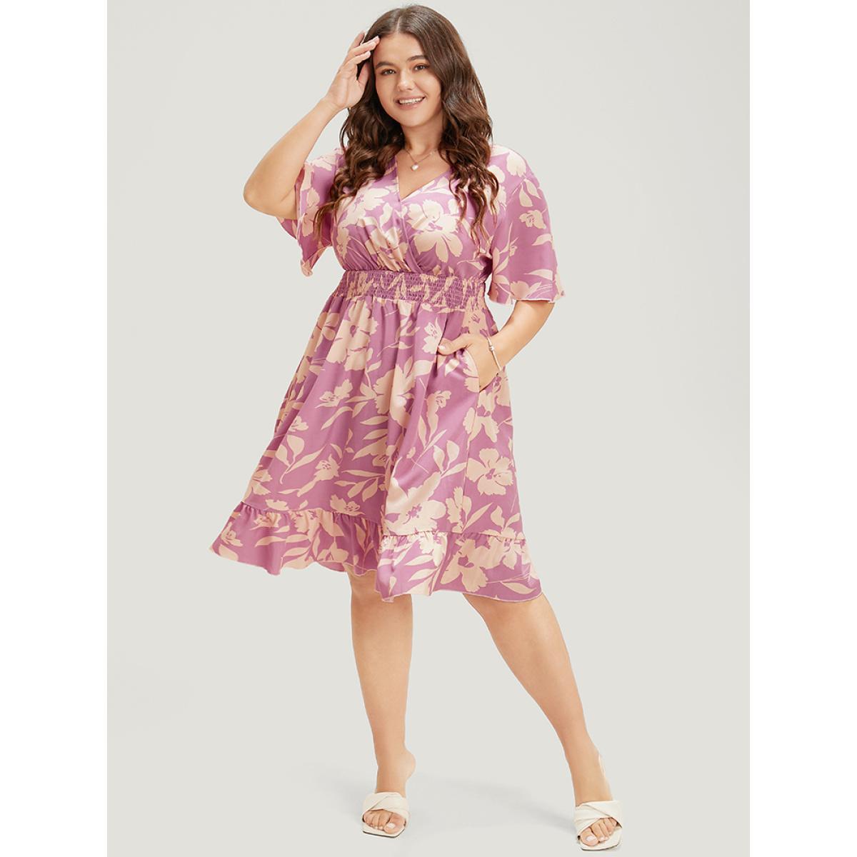 Plus Size Floral Surplice Neck Flutter Pocket Shirred Knee Dress Lilac Women Elegant Pocket V-neck Short sleeve Curvy Knee Dress BloomChic 10/M Product Image