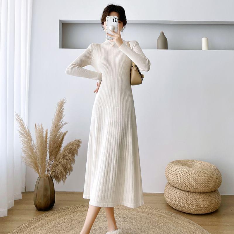 Long-Sleeve Mock Neck Plain Ribbed Midi A-Line Knit Dress Product Image