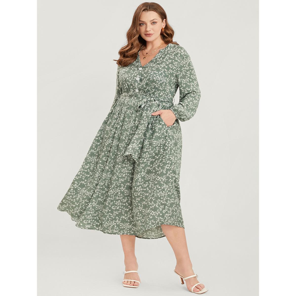 Plus Size Ditsy Floral Lantern Sleeve Pocket Button Through Belted Midi Dress Sage Women Elegant Button V-neck Long Sleeve Curvy Midi Dress BloomChic 30/6X Product Image