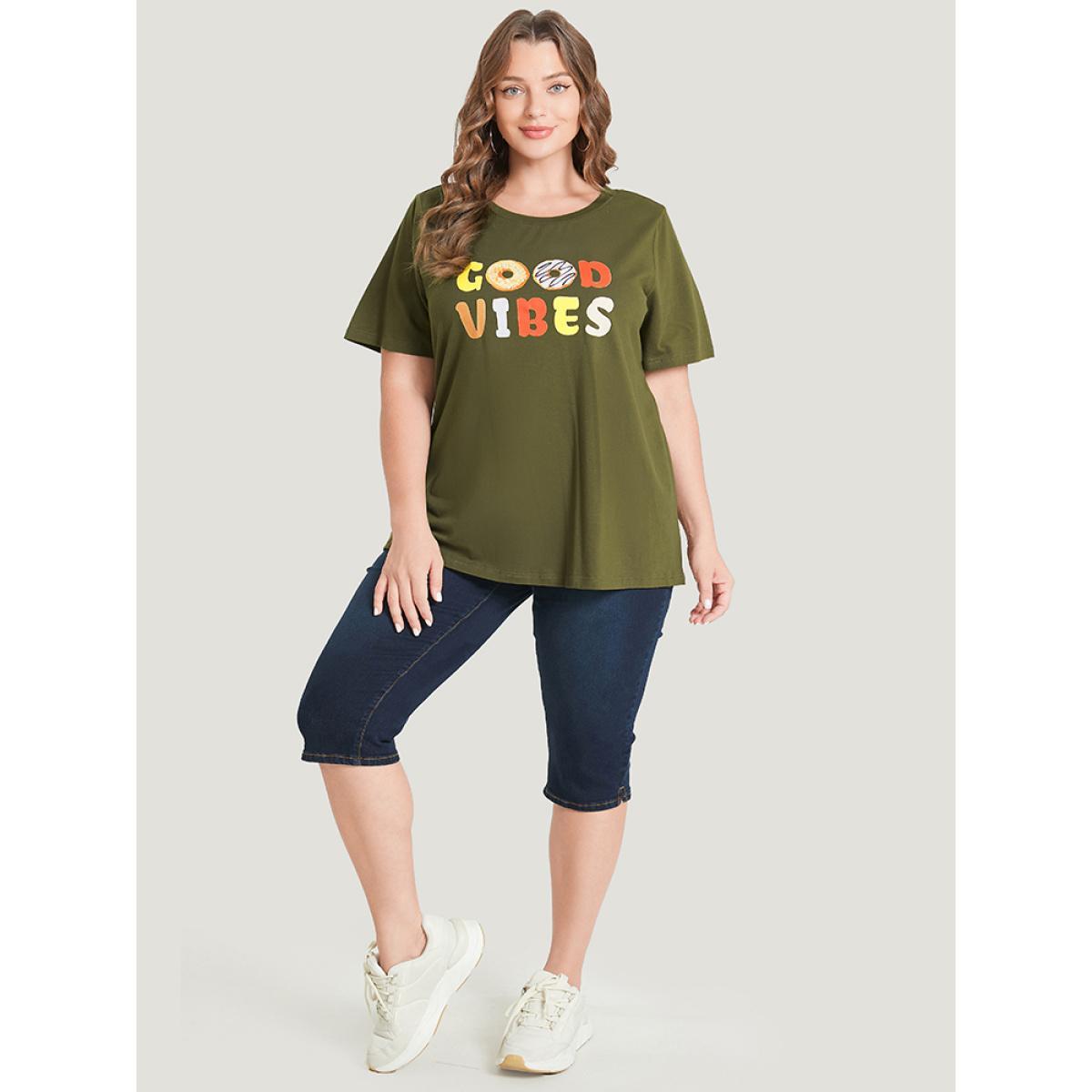 Plus Size Donut & Letter Print Round Neck Graphic Tee ArmyGreen Women Casual Art&design Dailywear T-shirts BloomChic 18-20/2X Product Image
