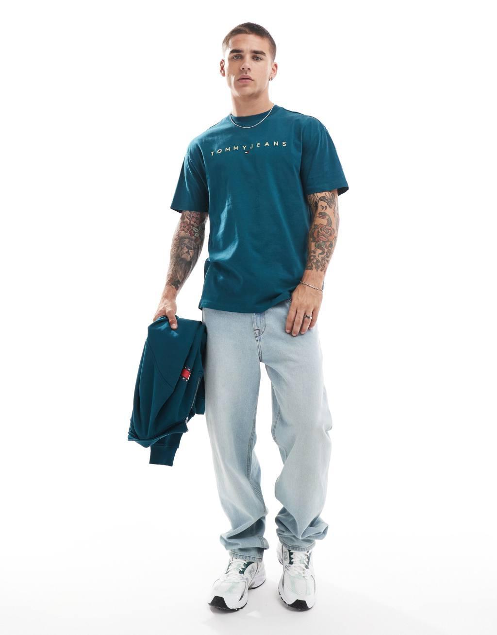 Tommy Jeans gold linear logo T-shirt in green Product Image