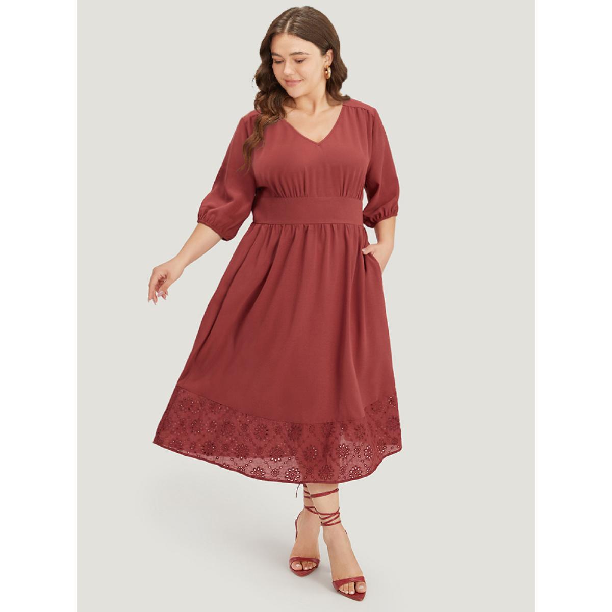 Plus Size Plain Elastic Cuffs Pocket Laser Cut Dress Russet Women Elegant Elastic cuffs V-neck Elbow-length sleeve Curvy Midi Dress BloomChic 26/4X Product Image