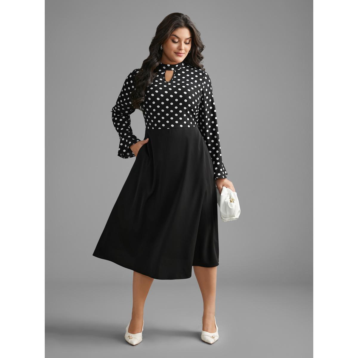 Plus Size Polka Dot Patchwork Keyhole Dress Black Women At the Office Patchwork Mock Neck Long Sleeve Curvy BloomChic 14-16/1X Product Image