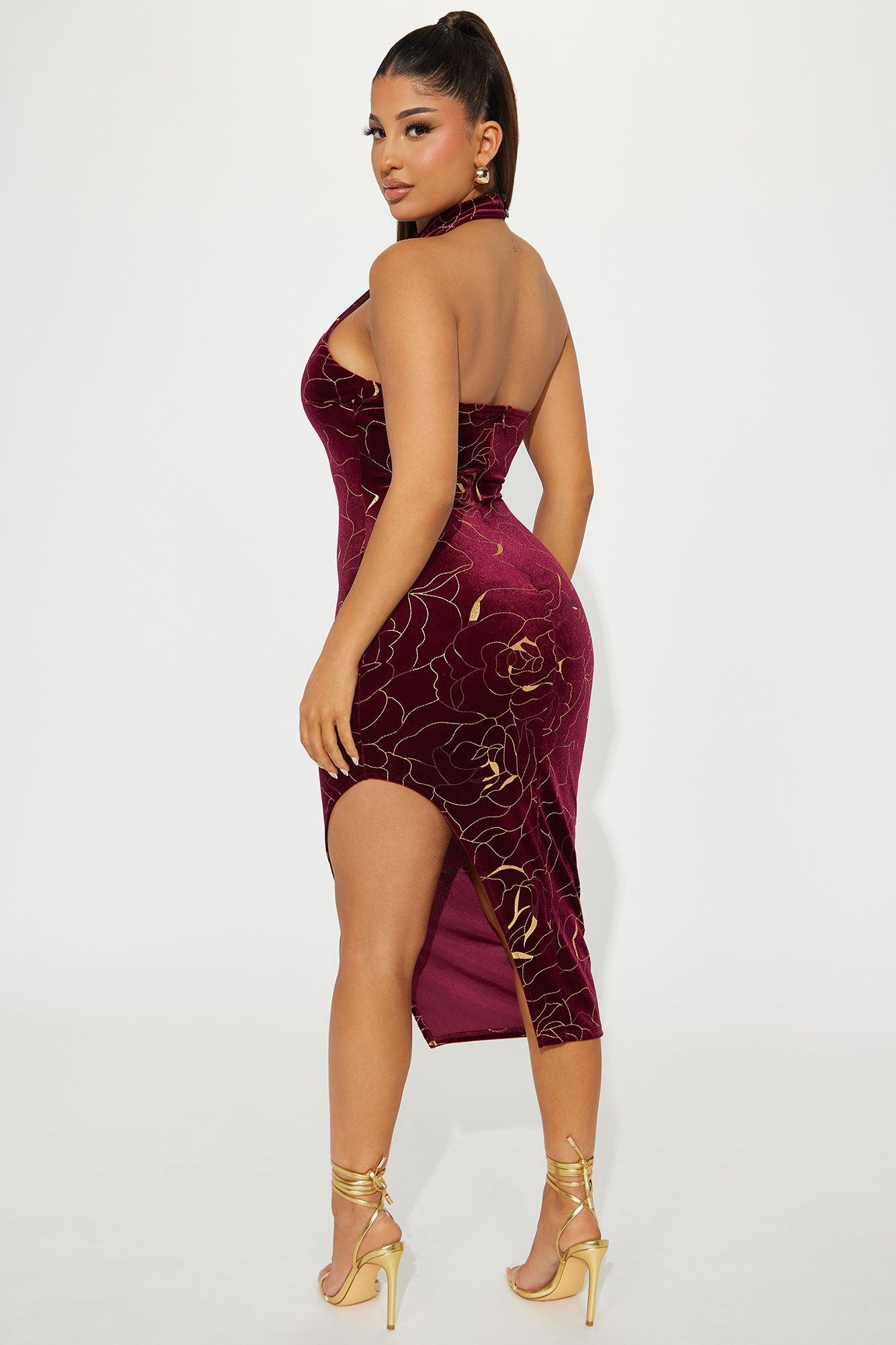 Bella Rose Velvet Midi Dress - Burgundy Product Image