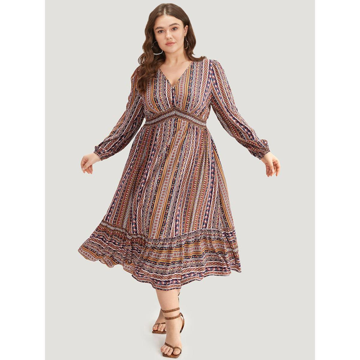Plus Size Bandana Striped Lantern Sleeve Patchwork Dress DarkBlue Women Vacation Elastic cuffs V-neck Long Sleeve Curvy Midi Dress BloomChic 10/M Product Image