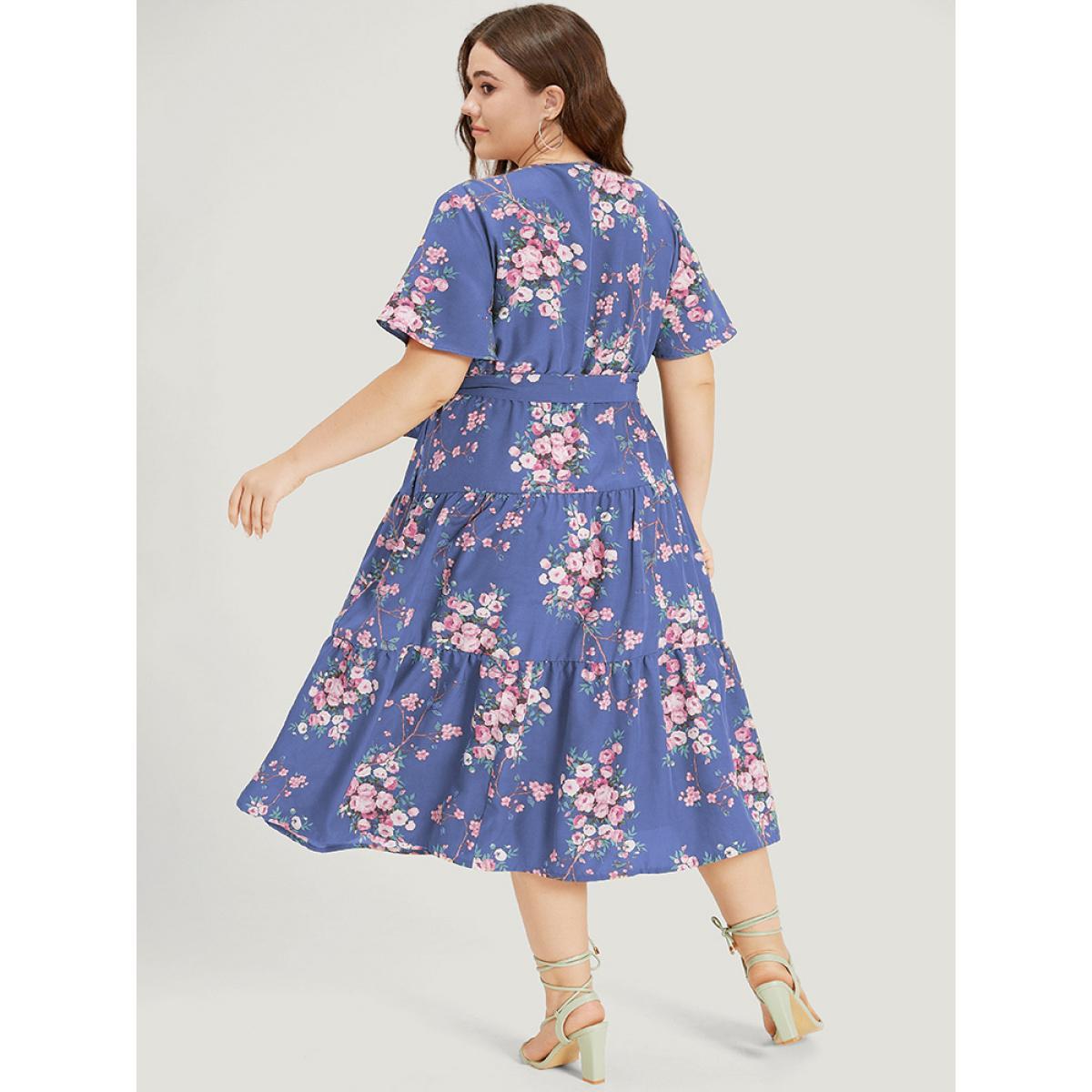 Plus Size Floral Print Wrap Belted Pocket Ruffle Hem Dress Green Women Elegant Lined V-neck Short sleeve Curvy Midi Dress BloomChic 22-24/3X Product Image