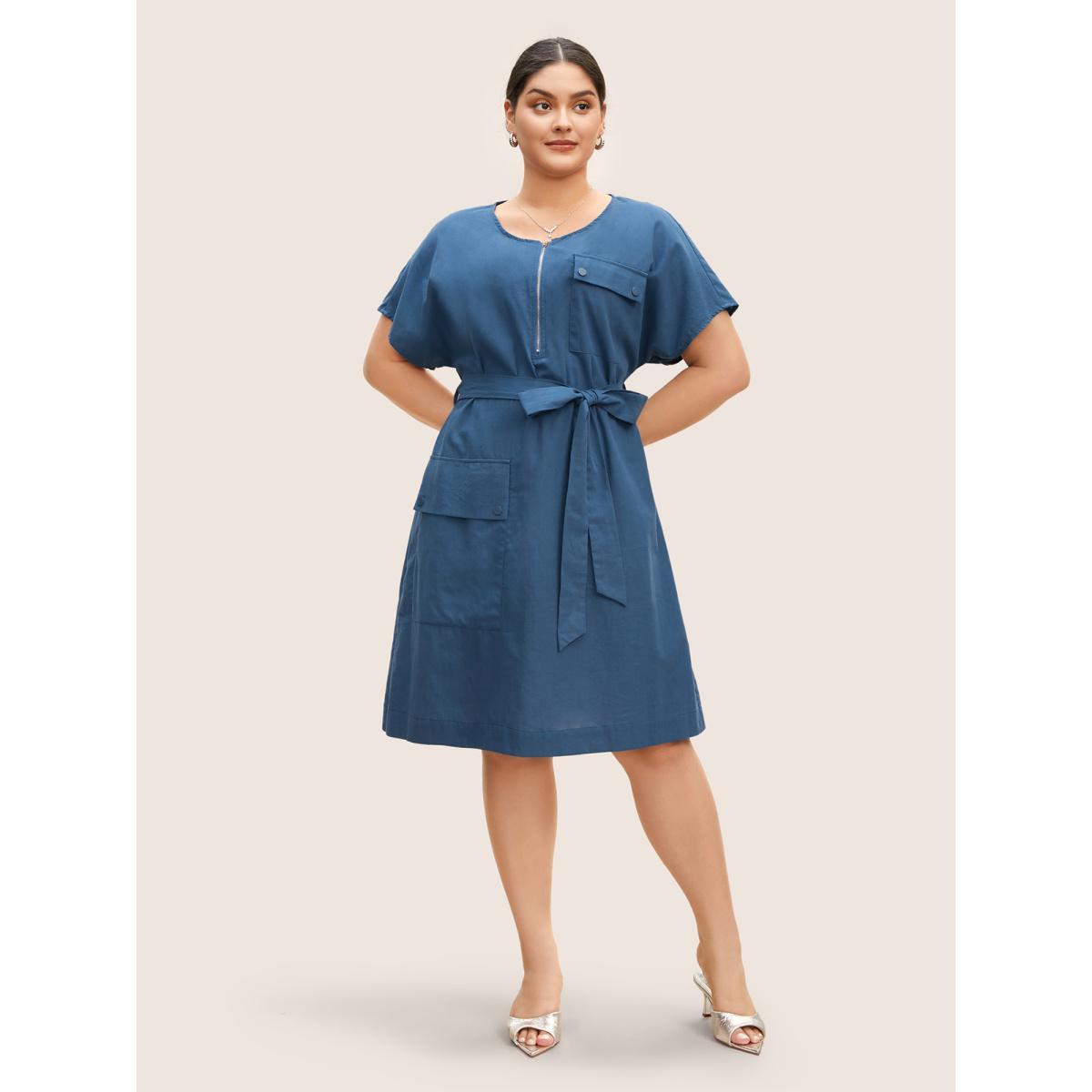 Plus Size Round Neck Half Zip Flap Detail Belted Dress Mediumblue Women Work From Home Belted Round Neck Short sleeve Curvy BloomChic 26/4X Product Image